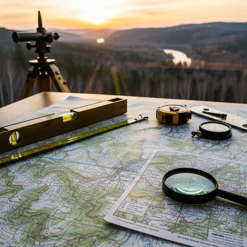 Topographic survey map with contour lines and land features displayed on a table