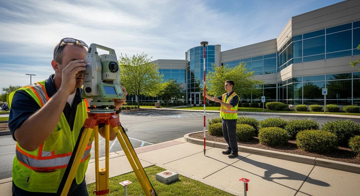 Land surveyor conducting an ALTA/NSPS survey at a commercial property