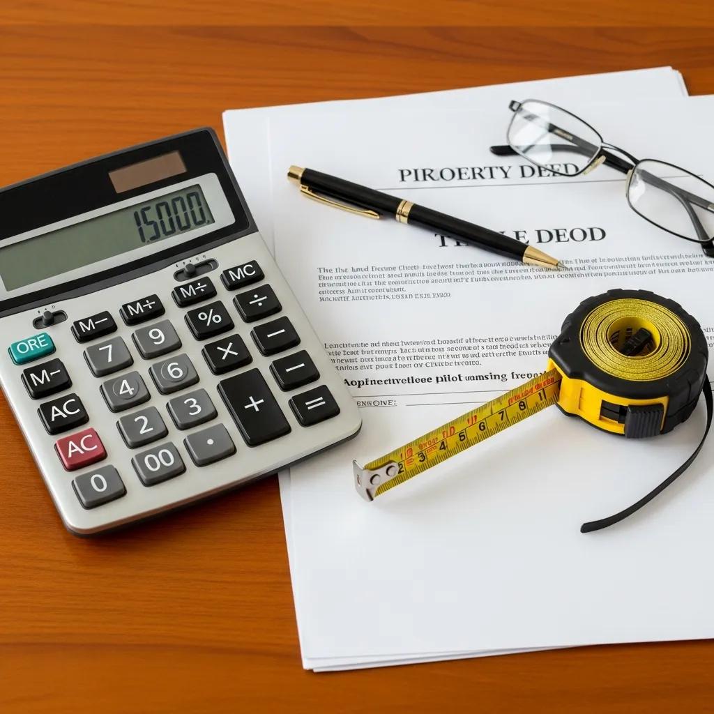 Calculator and property documents with a measuring tape, representing boundary survey cost assessment and legal framework analysis.
