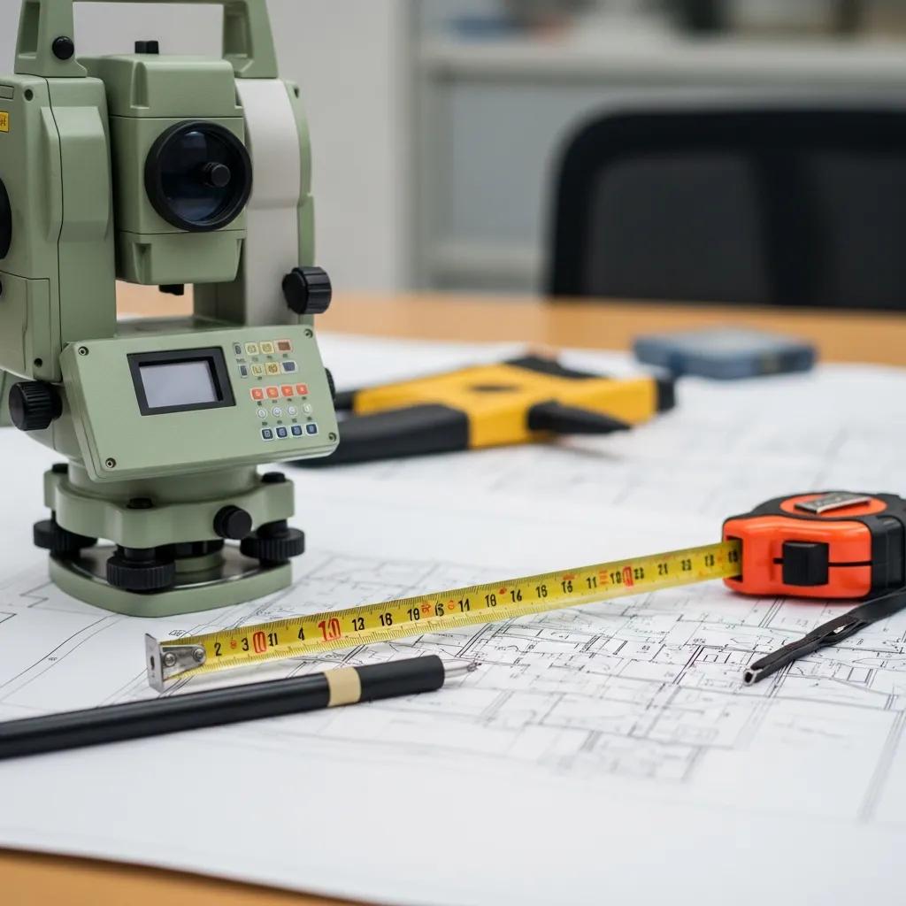 Close-up of surveying tools, including a total station, measuring tape, and blueprints, used in ALTA land surveys for commercial property assessments.