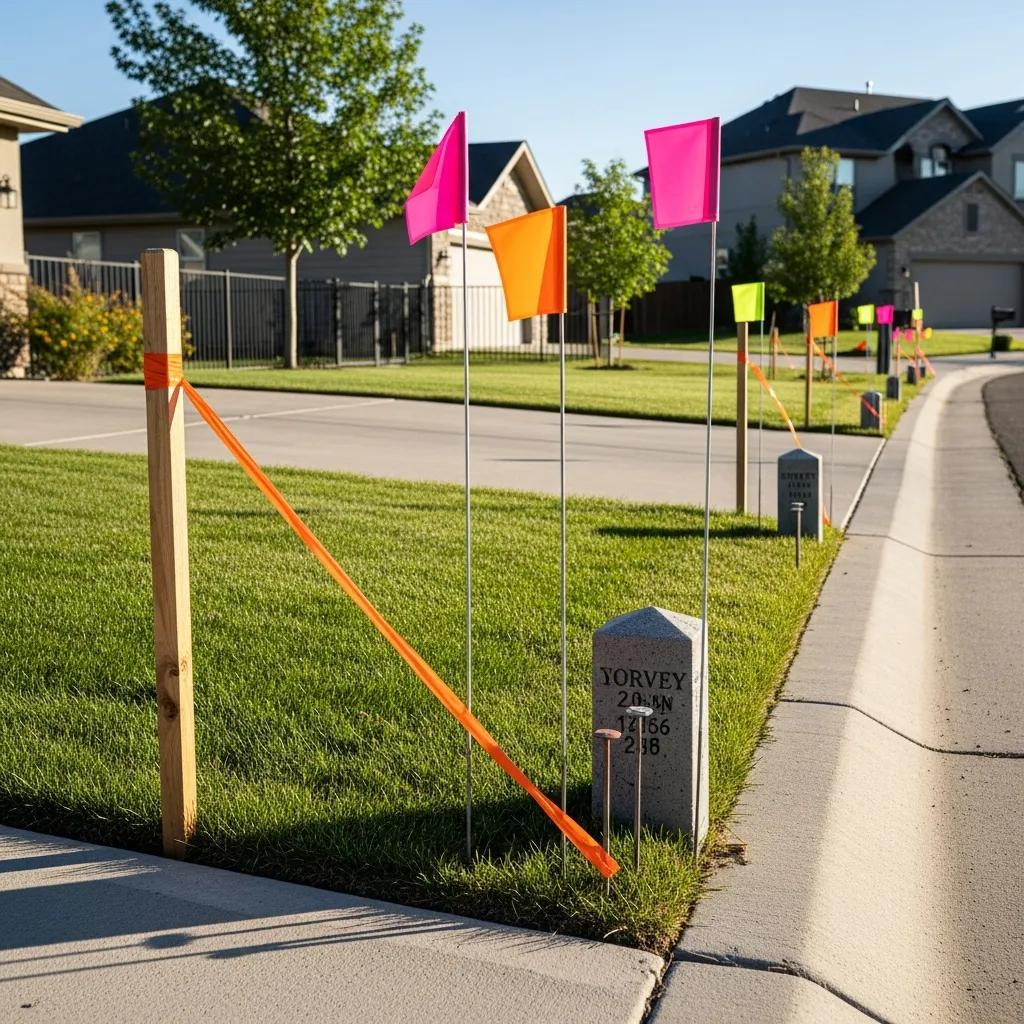Property line marking methods in Heber City, featuring colorful flags and stakes alongside a concrete marker, illustrating boundary delineation in a residential area.