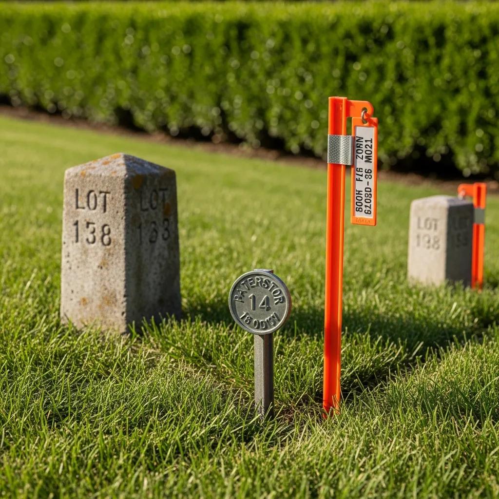 Property corner pins and markers indicating lot numbers, with visible grass and hedges in the background, representing boundary survey markers essential for defining legal property limits.