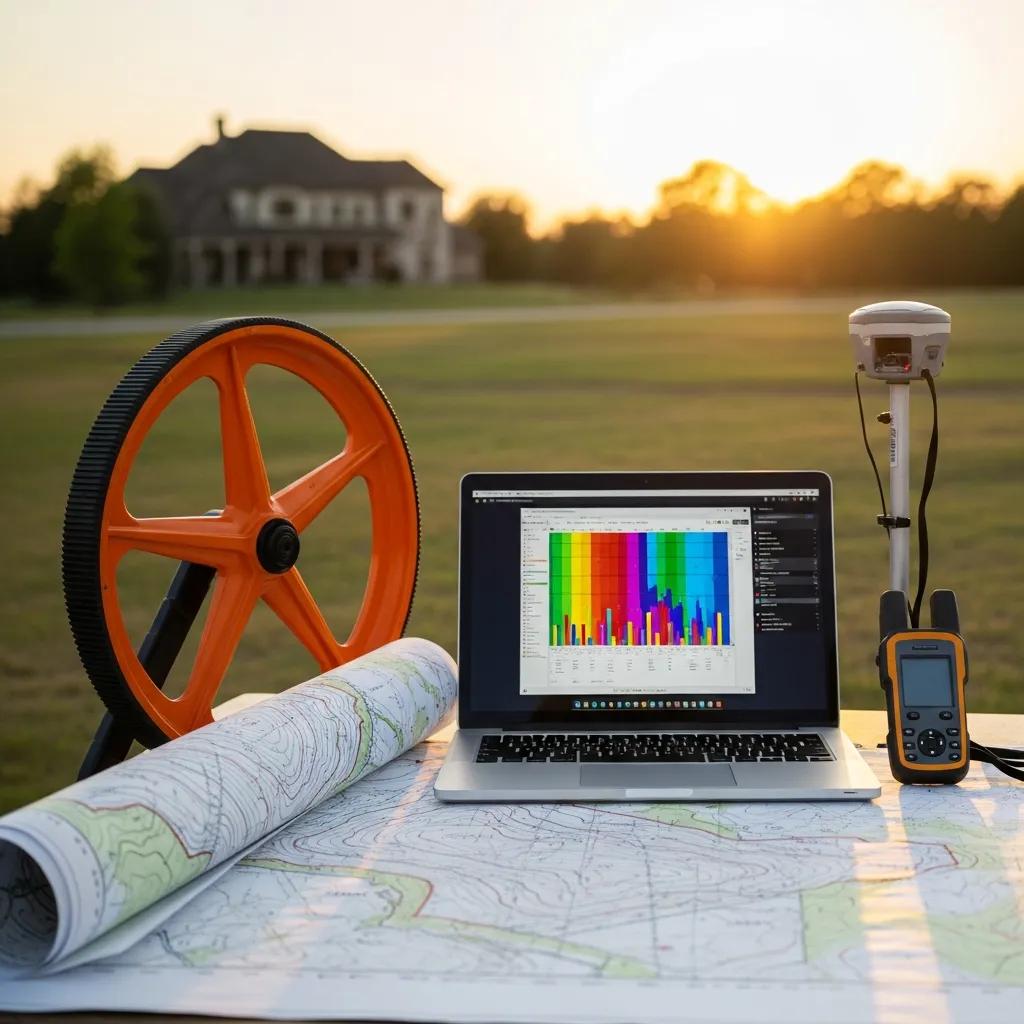 Illustration of elements that affect survey cost — maps, tools, and site conditions