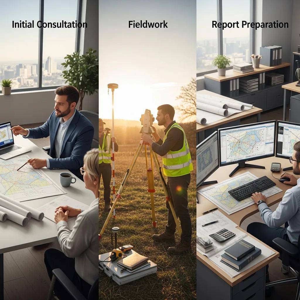 Illustration of key steps in the land survey process including consultation, fieldwork, and report preparation
