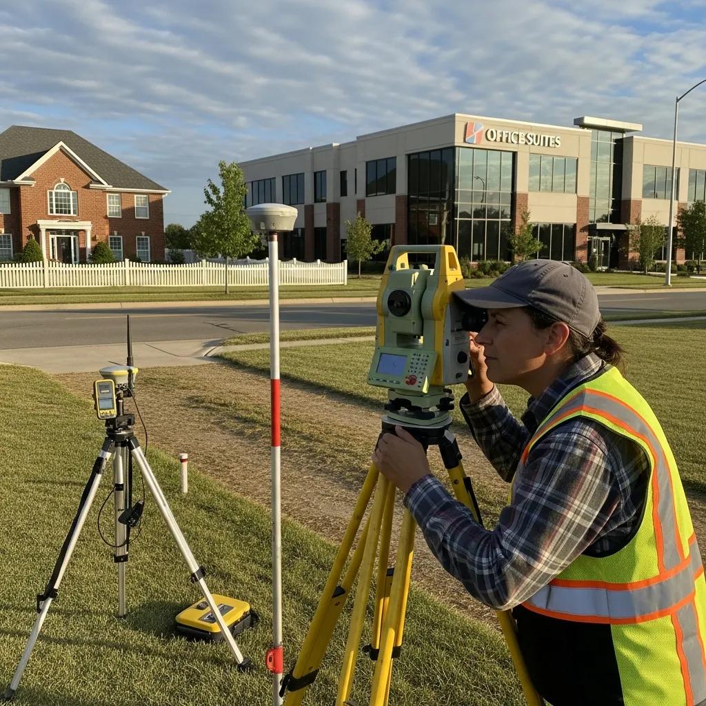 Land surveyor using GPS equipment for boundary survey near residential and commercial properties, with surveying instruments and office building in background.