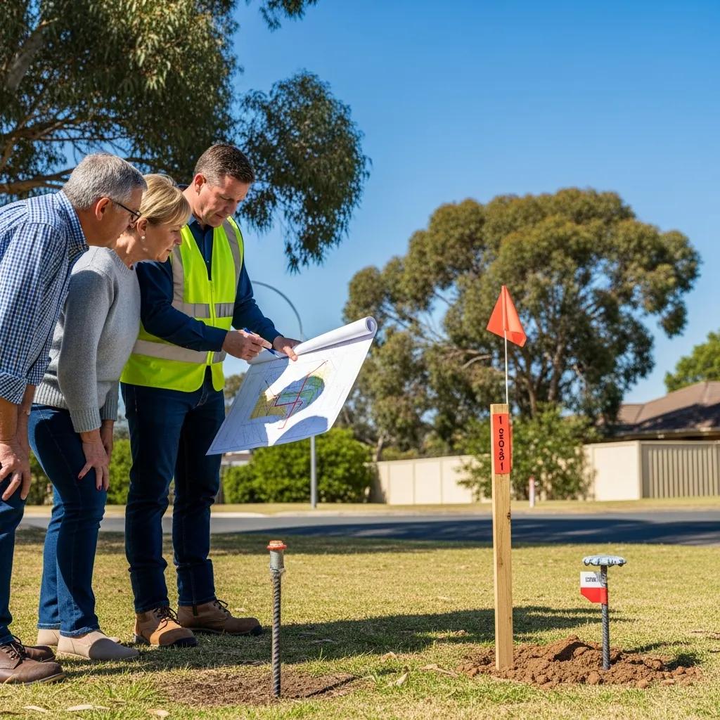 Land surveyor explaining boundary lines to property owners