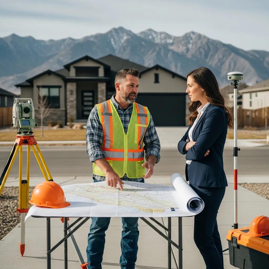 Land surveyor in safety vest discussing property survey details with client at outdoor site, featuring surveying equipment and blueprint on table, with residential homes and mountains in background.