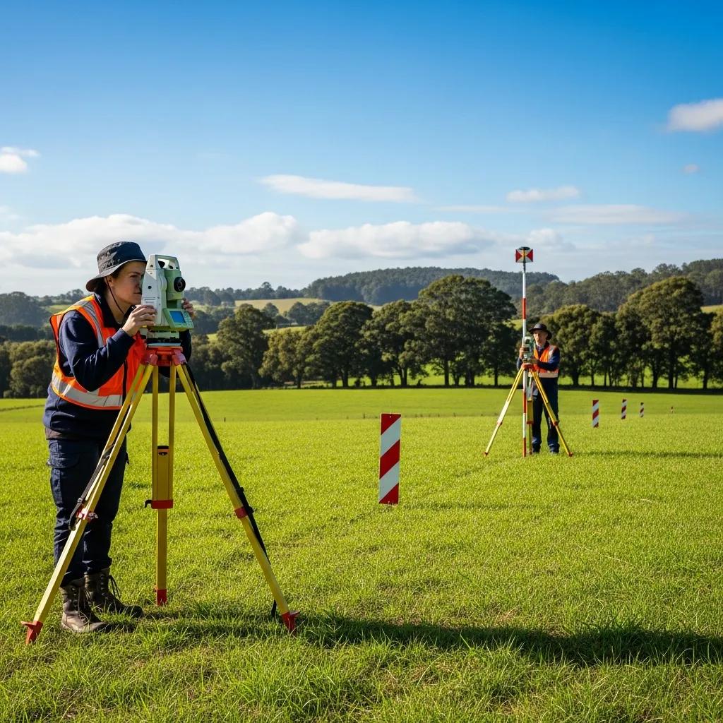 Land surveyor measuring property boundaries in a green field