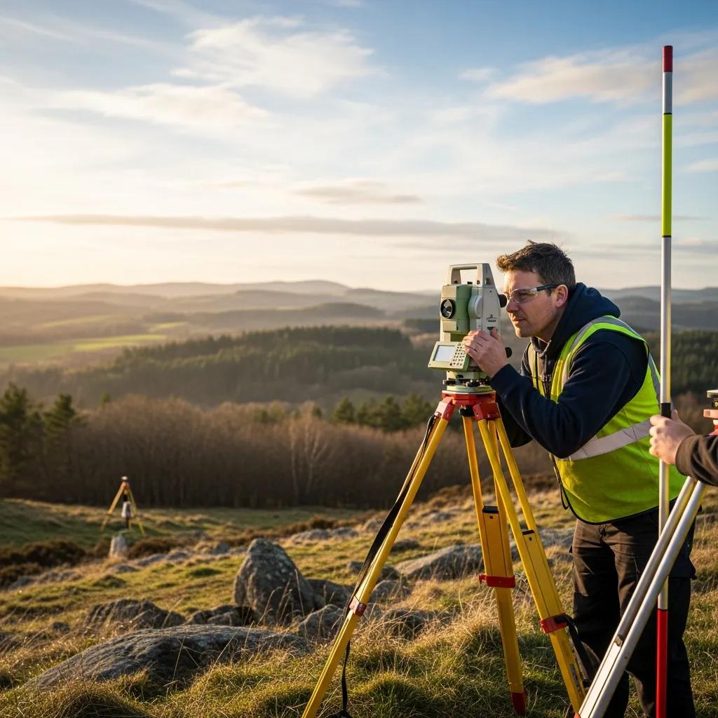 Land surveyor measuring property boundaries with modern equipment in a natural landscape