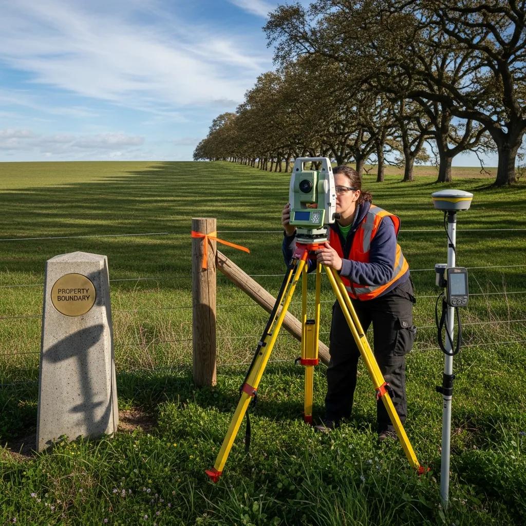 Land surveyor using equipment to define property lines during a boundary survey
