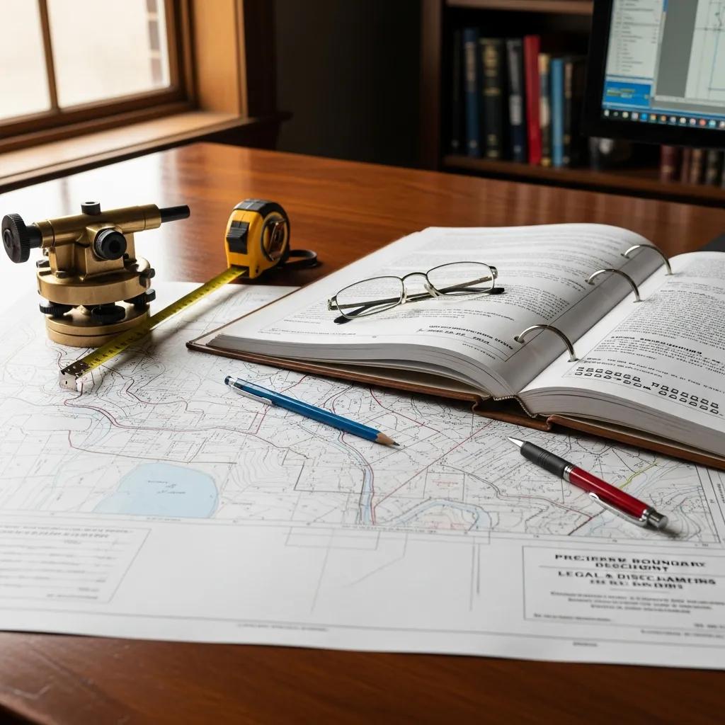 Land surveying tools including a theodolite, measuring tape, and a detailed map on a desk, illustrating professional boundary survey documentation in Heber City, UT.