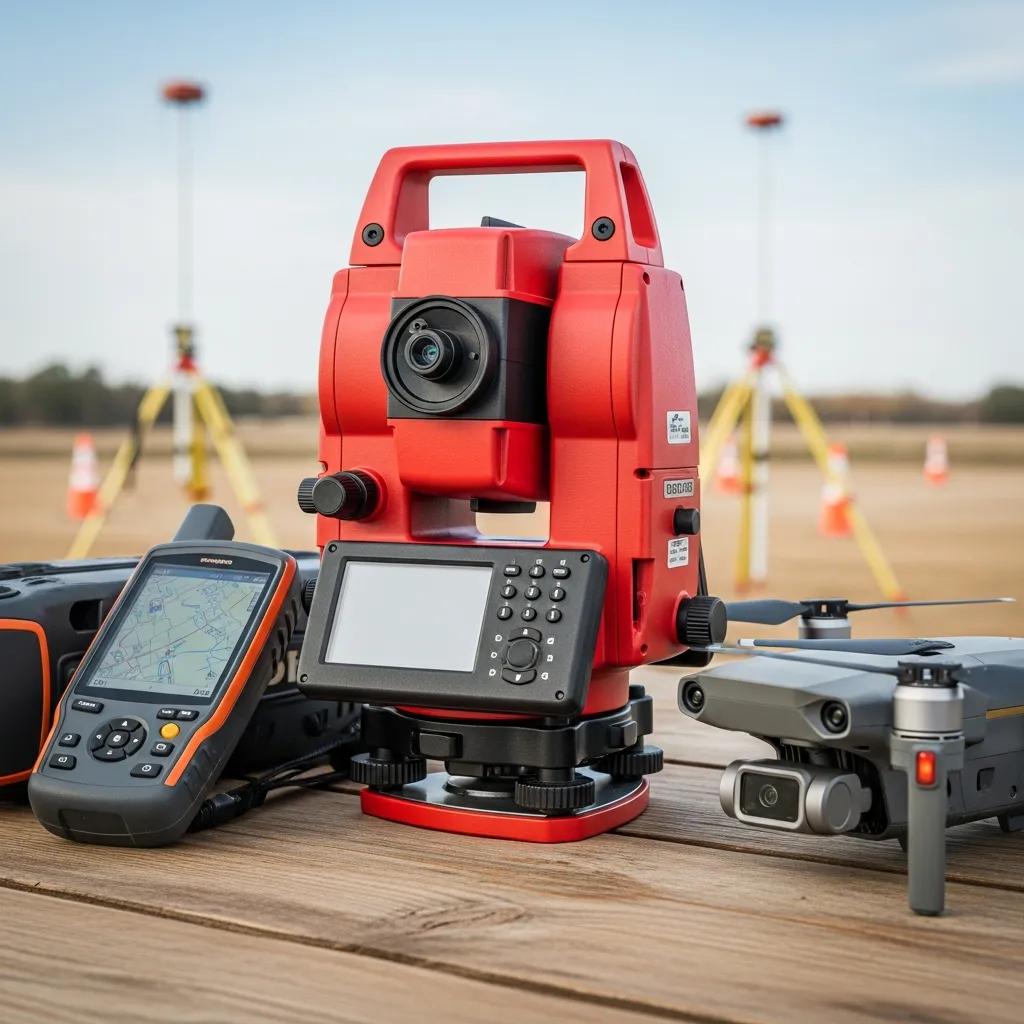Modern land surveying tools including total station, GPS, and drone