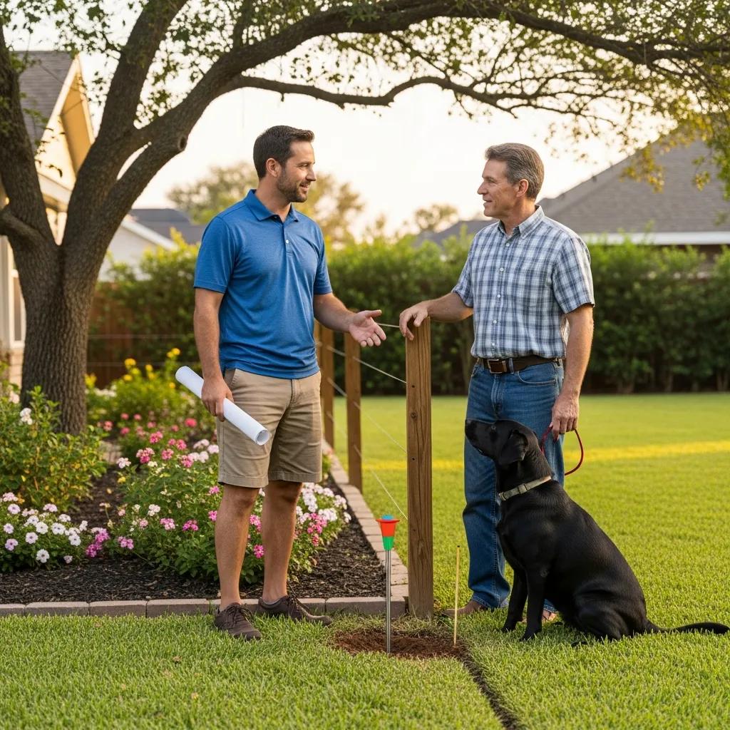 Neighbors discussing property boundary lines to resolve disputes