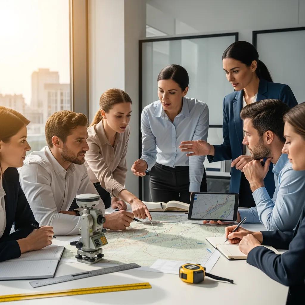 Professionals discussing land surveying plans with maps and tools in a modern office