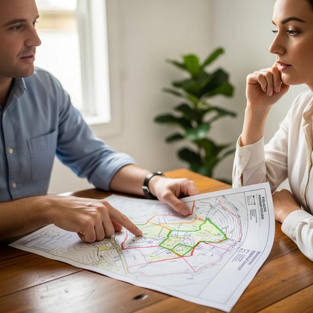 Property owners reviewing a land survey report, discussing boundary lines and dispute resolution, with a focus on accurate measurements and planning.