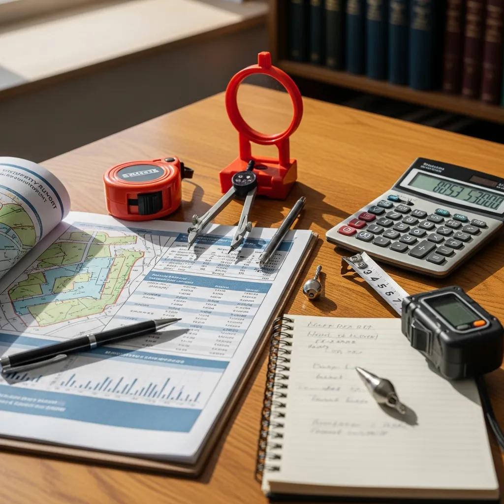 Property survey report and measuring tools on a table