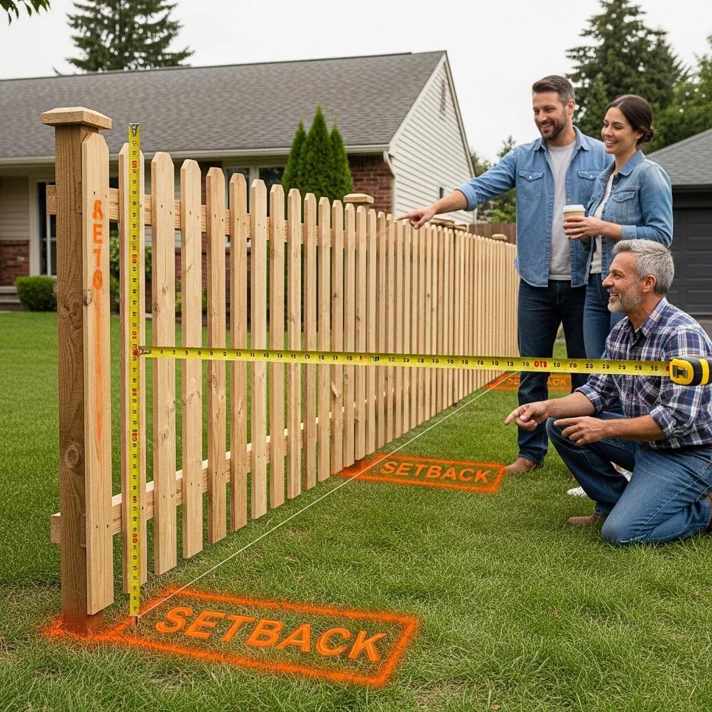 Property with marked setback distances for fence installation and neighbor discussion