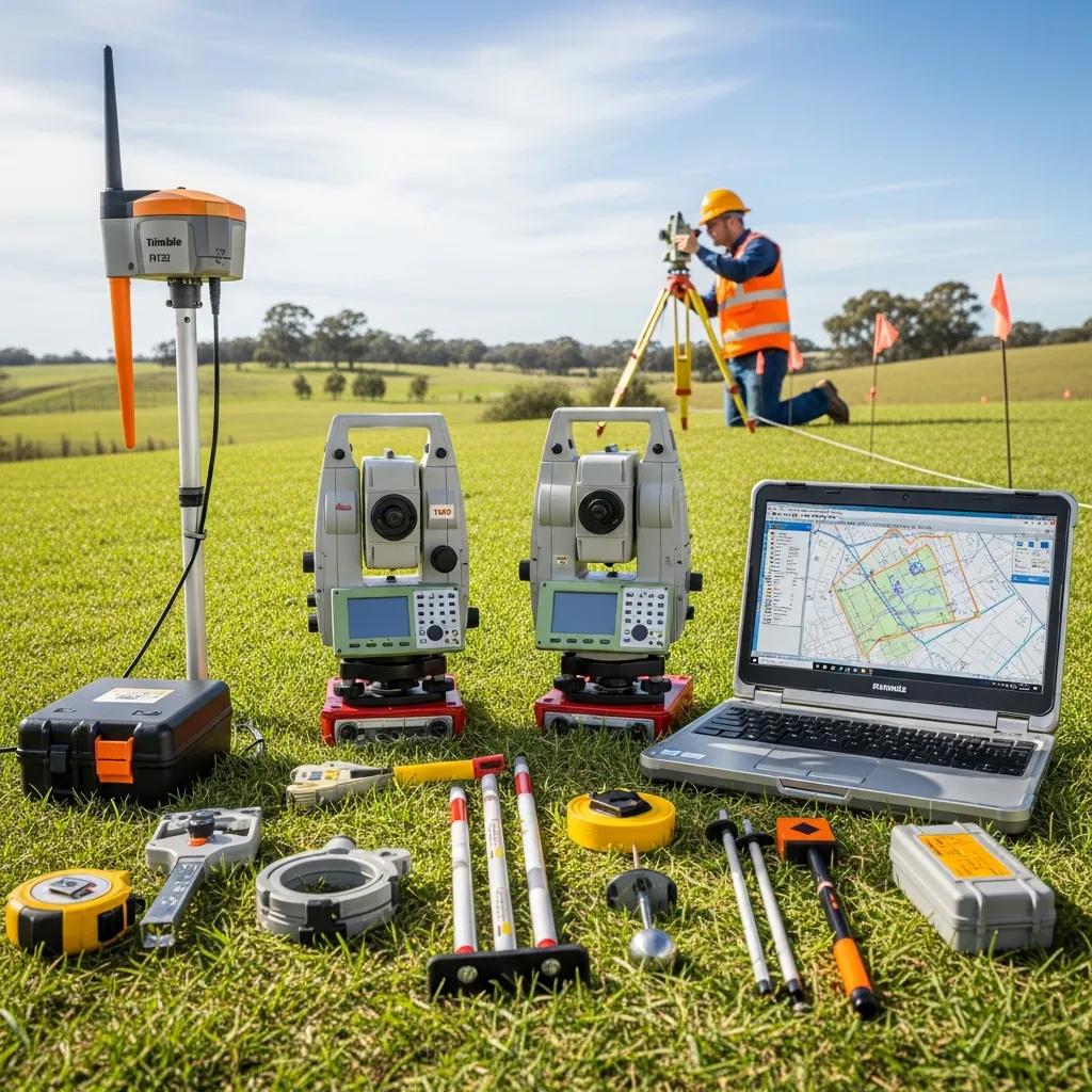 Surveying tools including GPS and total stations used for property line marking