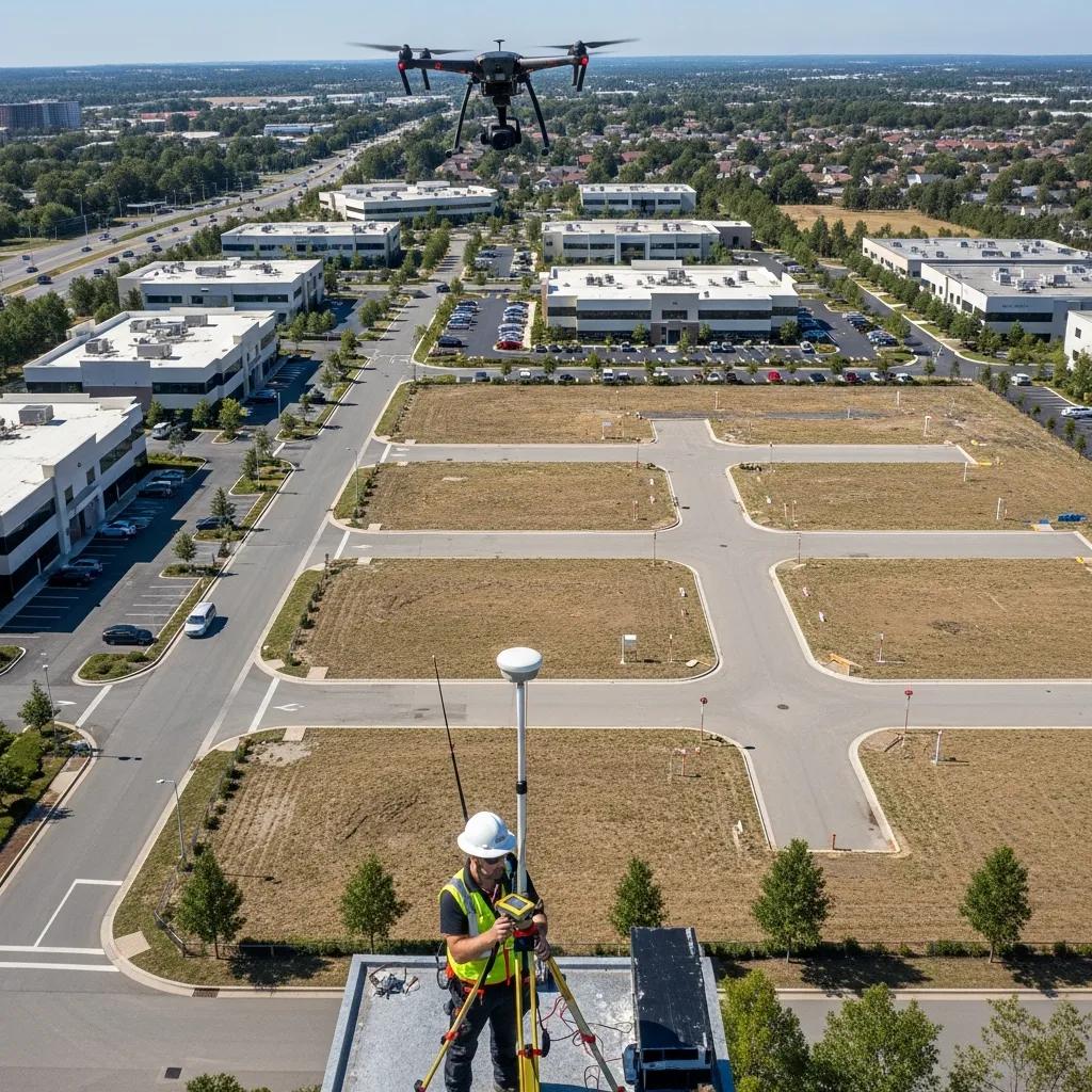 Surveyor using GPS and drone technology on a commercial property, illustrating modern land surveying methods and boundary identification in Utah.