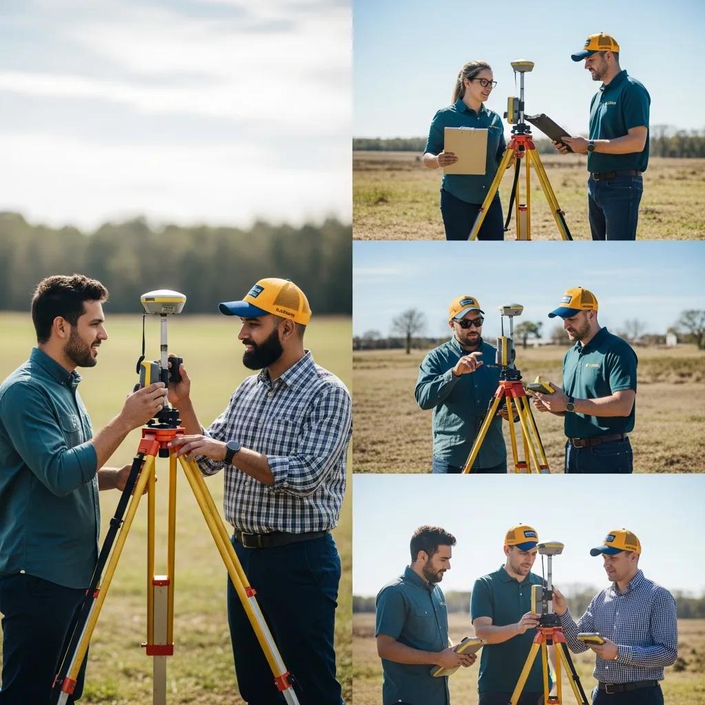 Team of licensed land surveyors using surveying equipment outdoors, collaborating on commercial land survey tasks, ensuring accuracy and compliance with ALTA/NSPS standards.