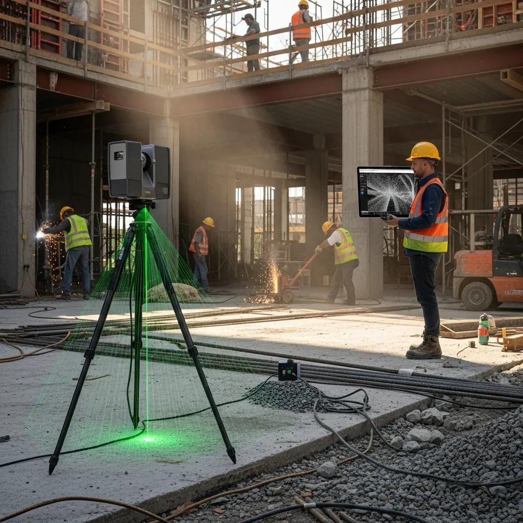 3D laser scanning process capturing detailed data points on a construction site