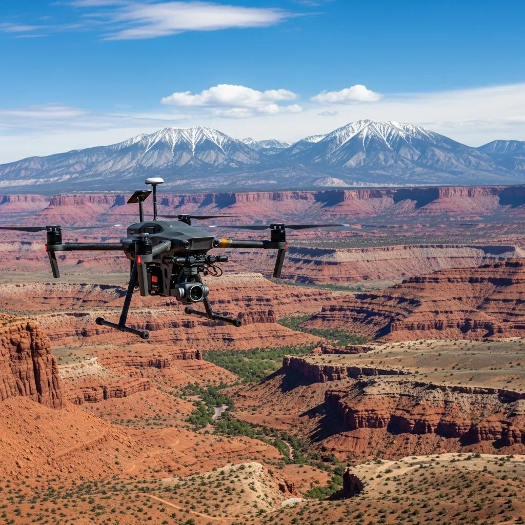 Aerial view of a drone surveying a Utah landscape, highlighting modern surveying technology