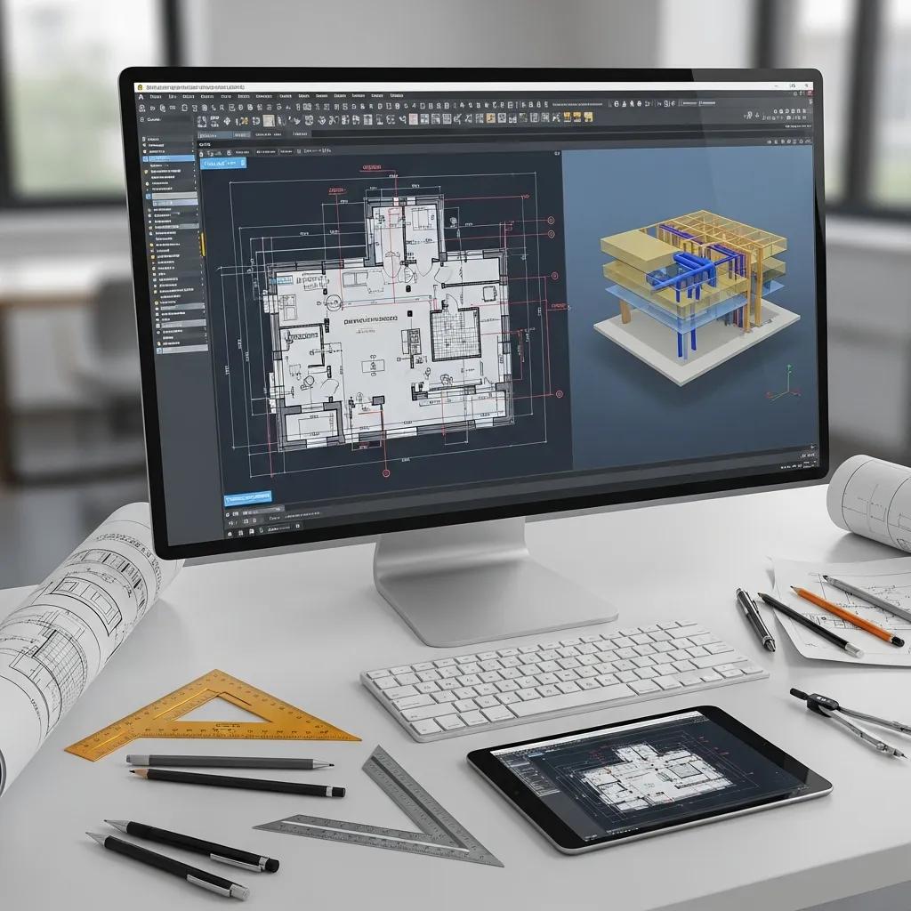 Computer screen displaying CAD software with as-built drawings and BIM models in a construction workspace