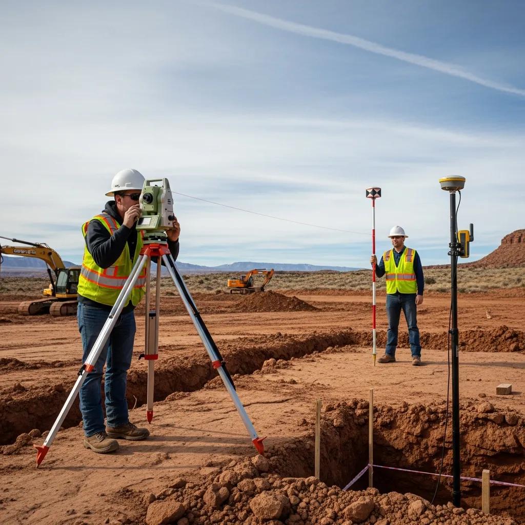 Construction site in Utah with surveyors using GPS and total stations for construction staking