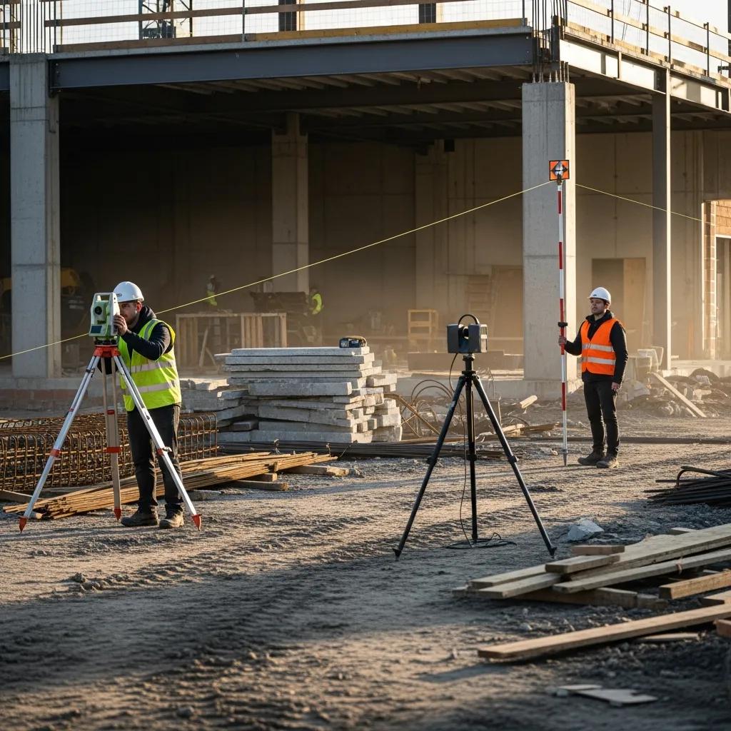 Construction site with surveyors using advanced surveying equipment for as-built documentation