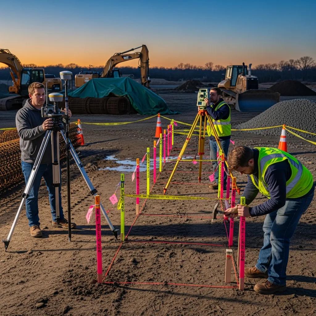 Construction site with surveyors using GPS and total stations for accurate staking