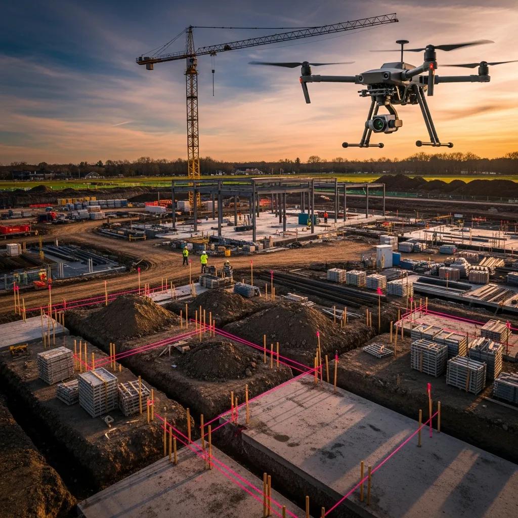 Drone capturing aerial data over a construction site with marked stakes