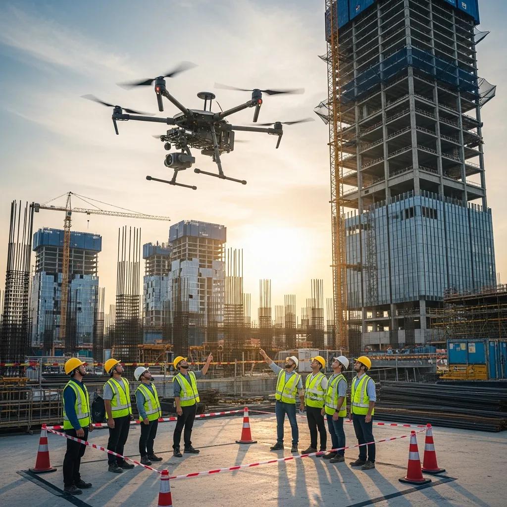 Drone conducting an inspection over a construction site, highlighting safety and efficiency in operations