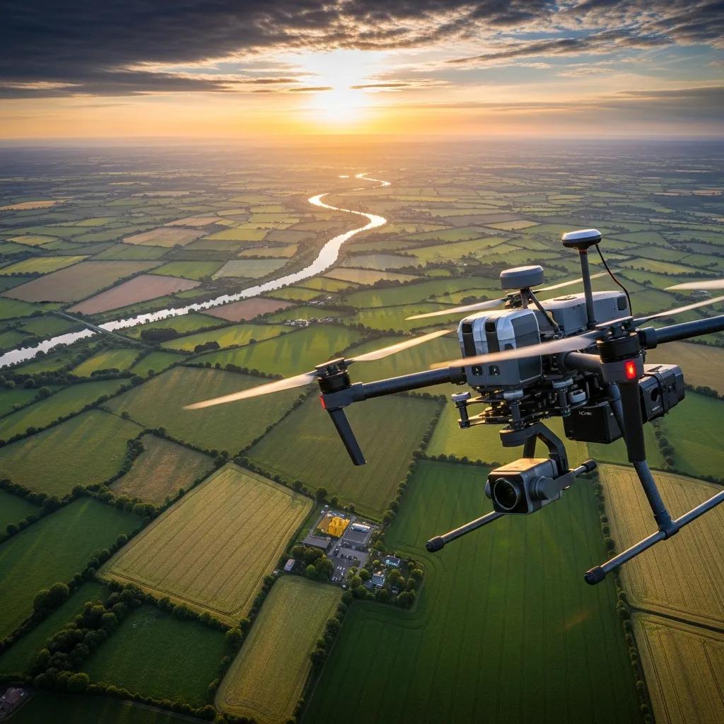 Drone surveying a large land area for accurate plat surveys and data collection