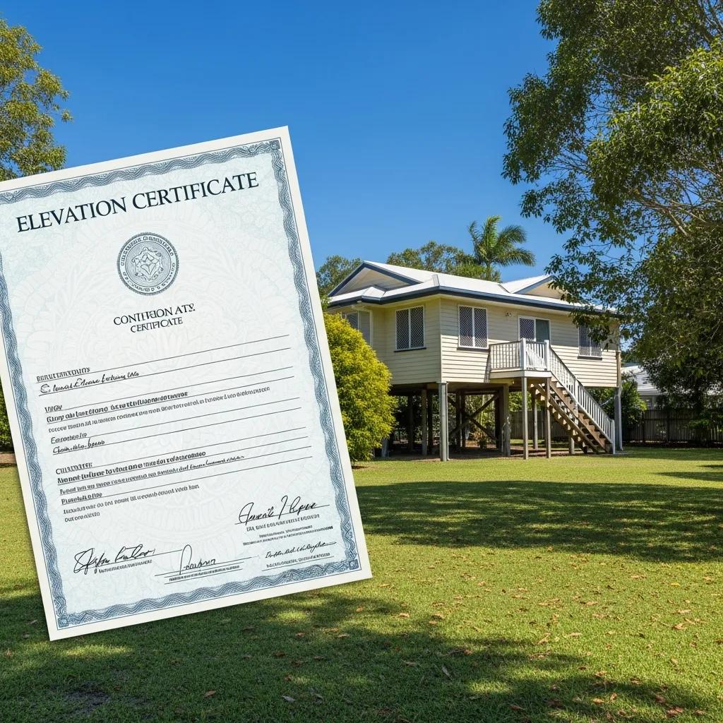 Elevation Certificate displayed with a house elevated on stilts in a flood-prone area