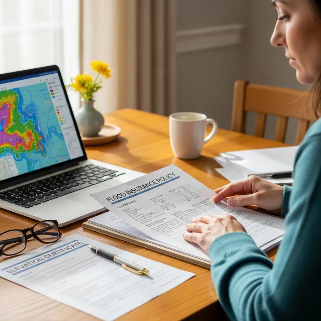 Homeowner reviewing flood insurance documents and FEMA flood maps in Utah