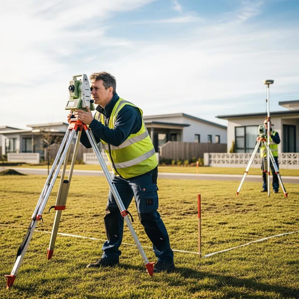 Land surveyor conducting a boundary survey on a condominium site