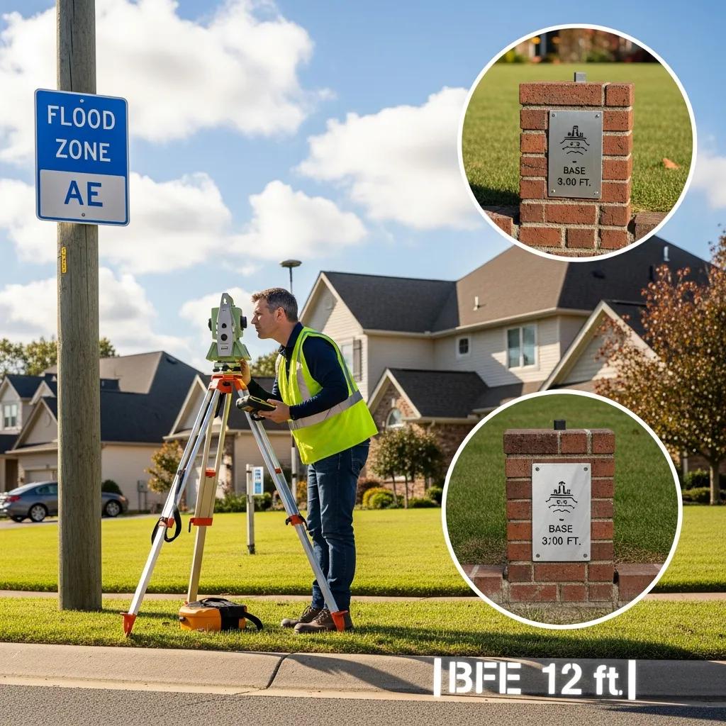 Licensed surveyor measuring property elevation for an Elevation Certificate