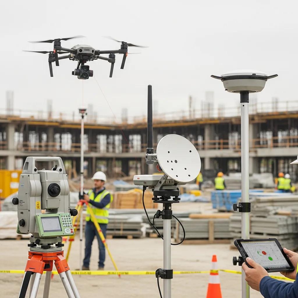 Modern surveying equipment including robotic total stations and drones used in construction layout services