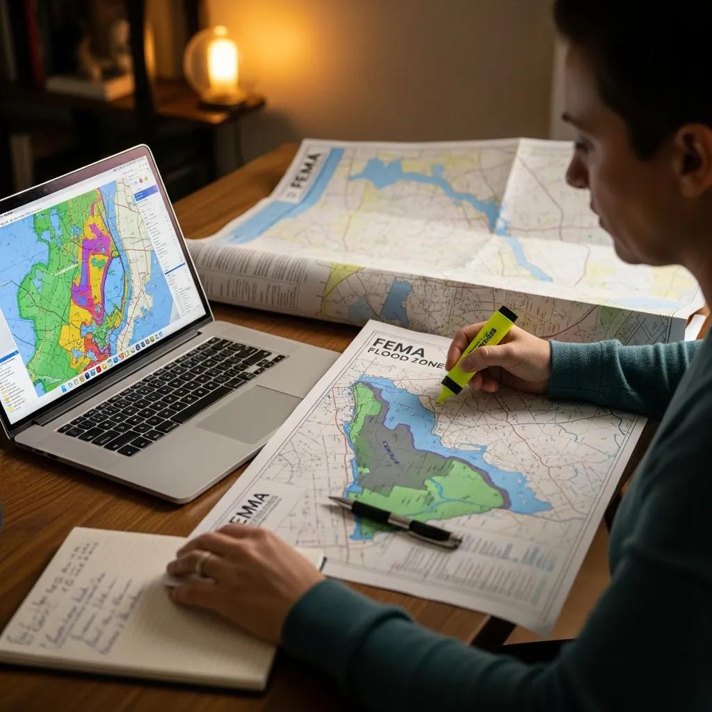 Person analyzing FEMA flood maps and flood zone data at a desk