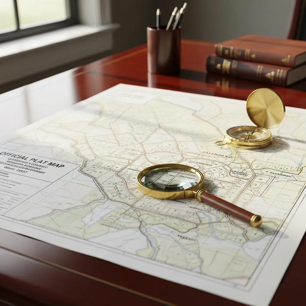 Plat map with easement boundaries and surveying tools on a table
