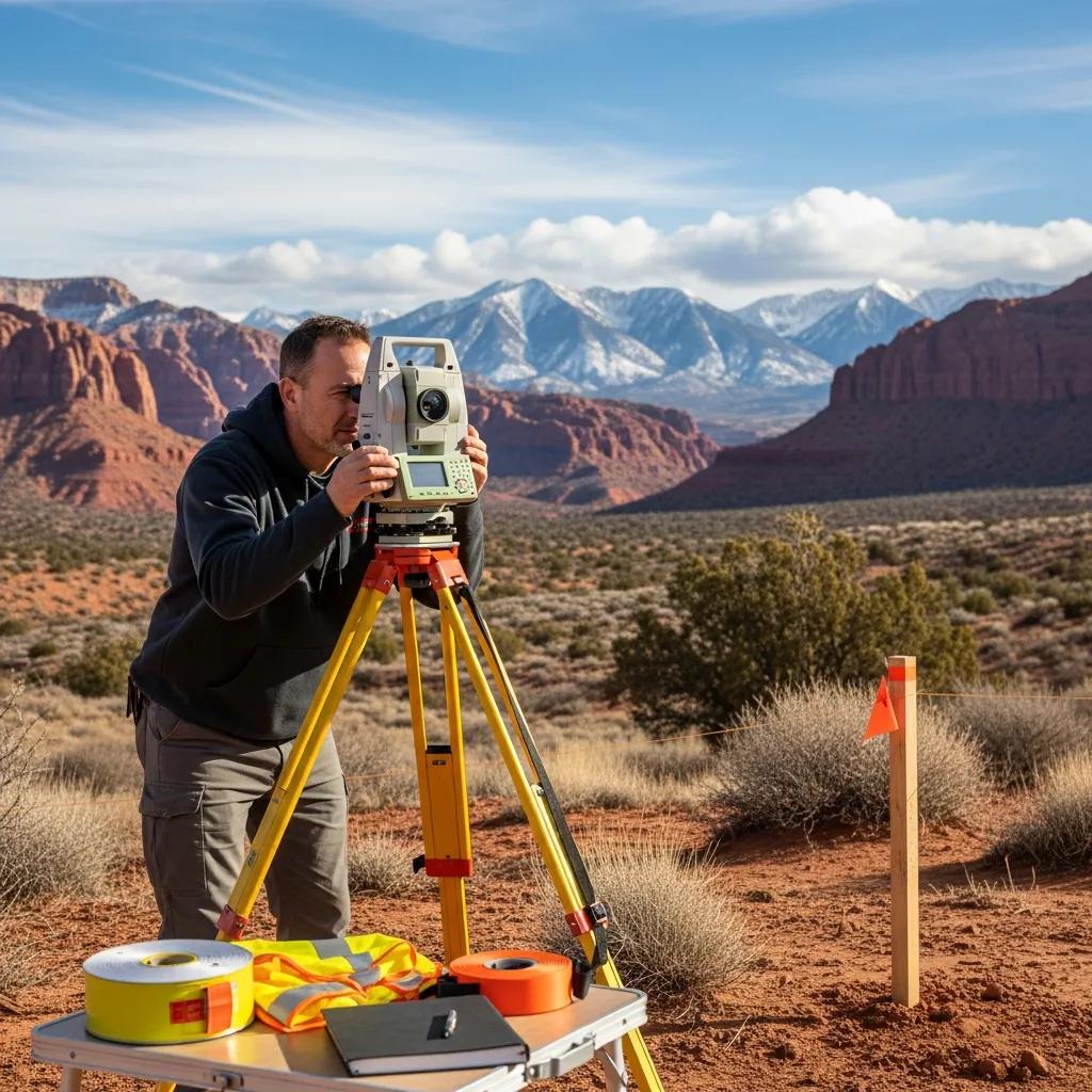Professional land surveyor conducting an ALTA survey in Utah's landscape