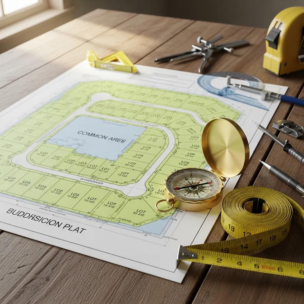 Subdivision plat map with surveying tools illustrating land division and development
