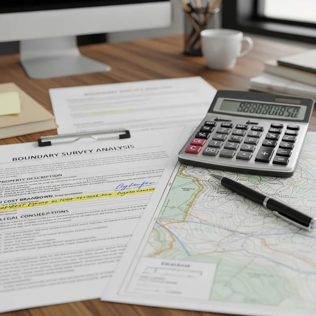 Survey report and map with calculator, representing boundary survey costs