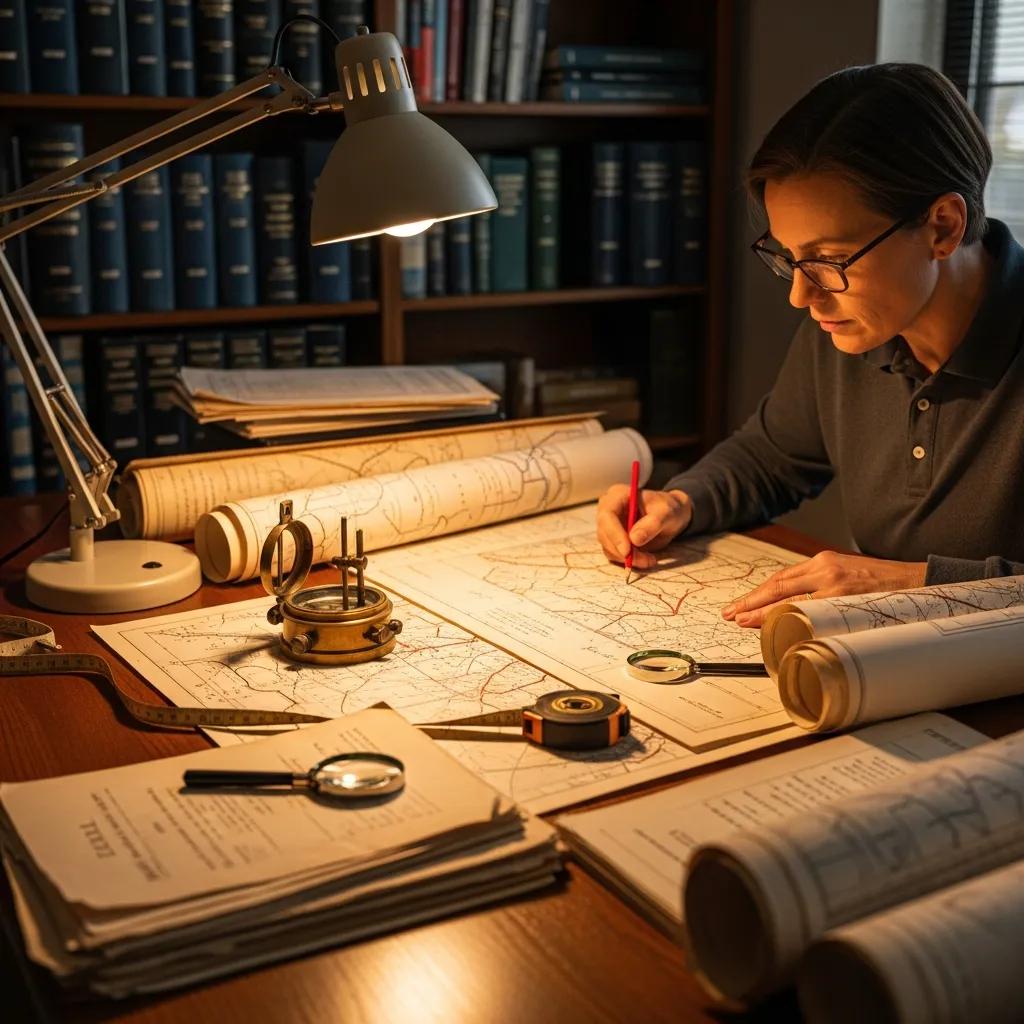 Surveyor analyzing historical maps for boundary dispute resolution