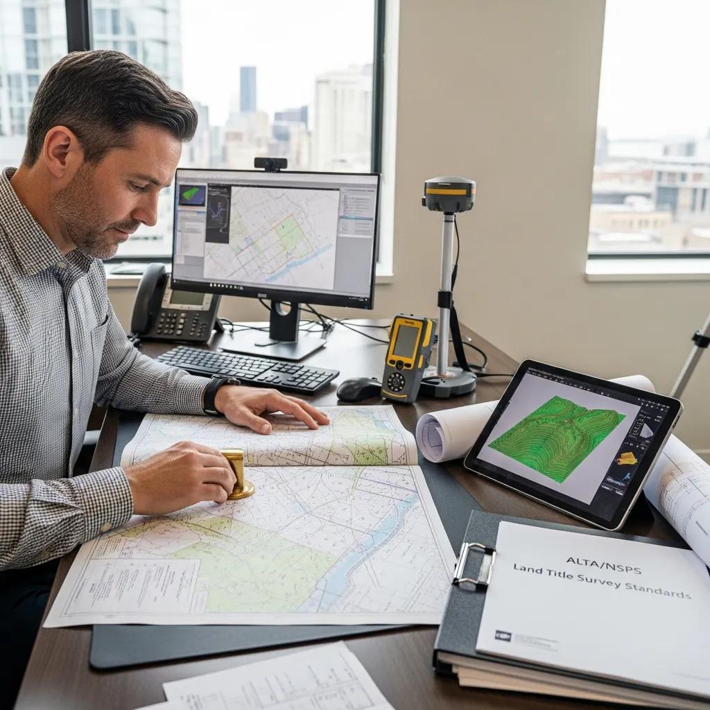 Surveyor reviewing property maps to ensure compliance with ALTA and NSPS standards