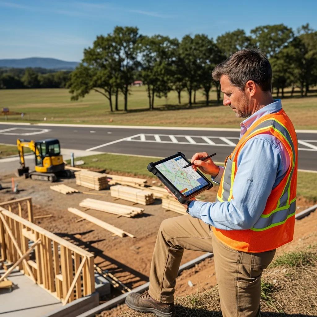 Surveyor using a digital tablet to prepare plat maps in a land development setting