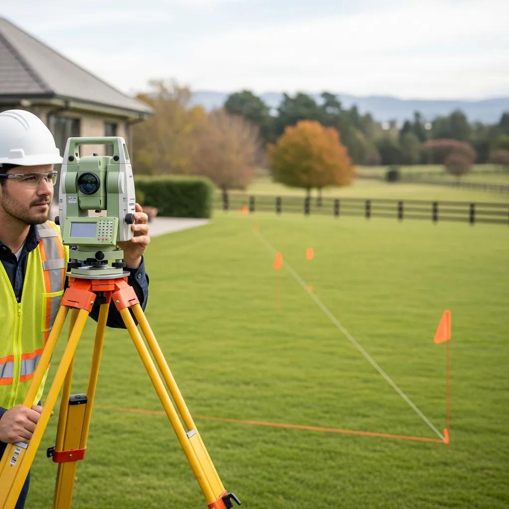 Surveyor using a theodolite to define property boundaries in an easement survey
