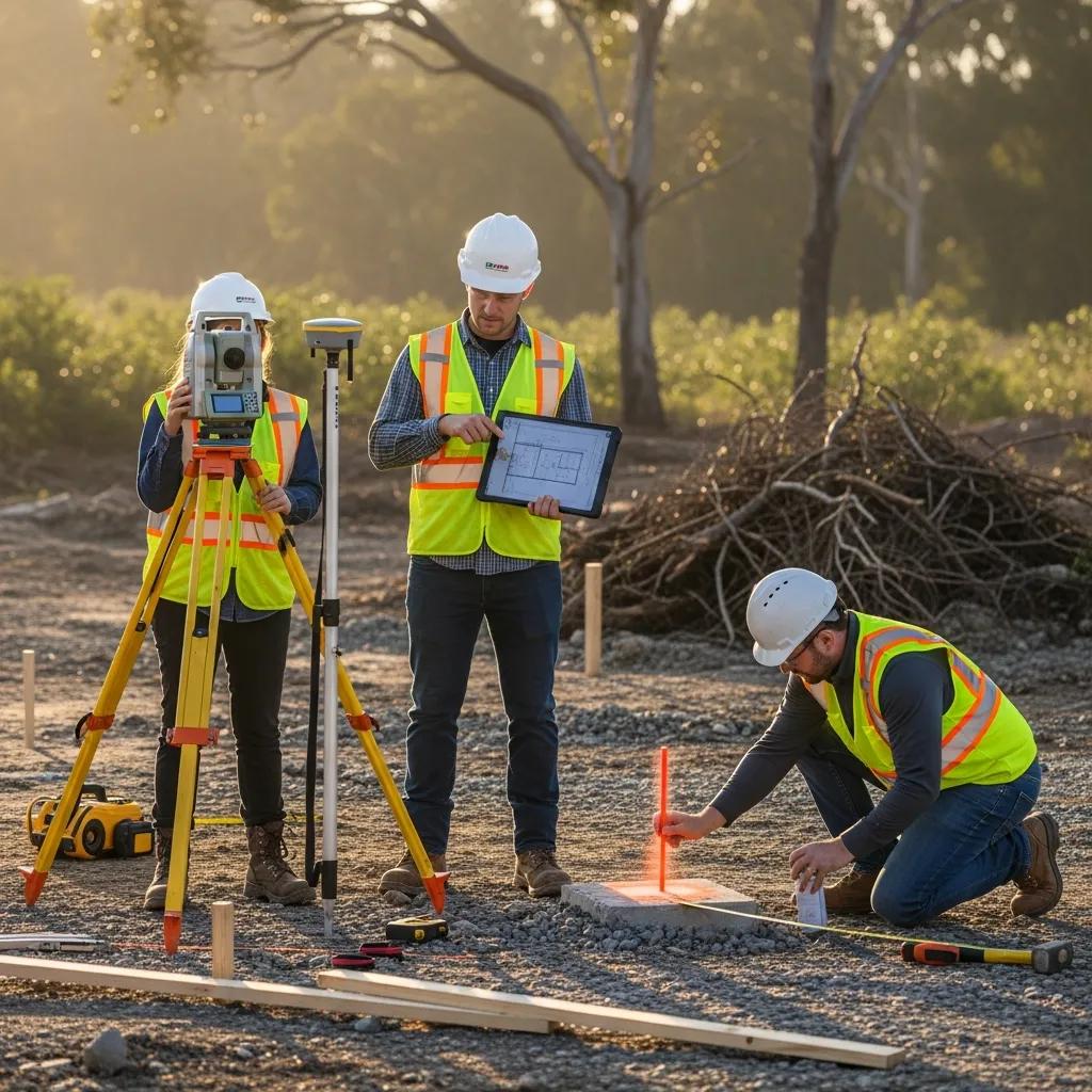 Surveyors reviewing project plans and marking reference points during the construction staking process