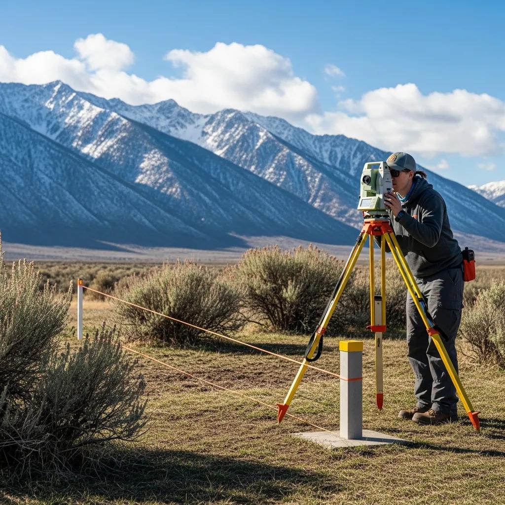 Utah landscape with boundary markers and a land surveyor measuring property lines