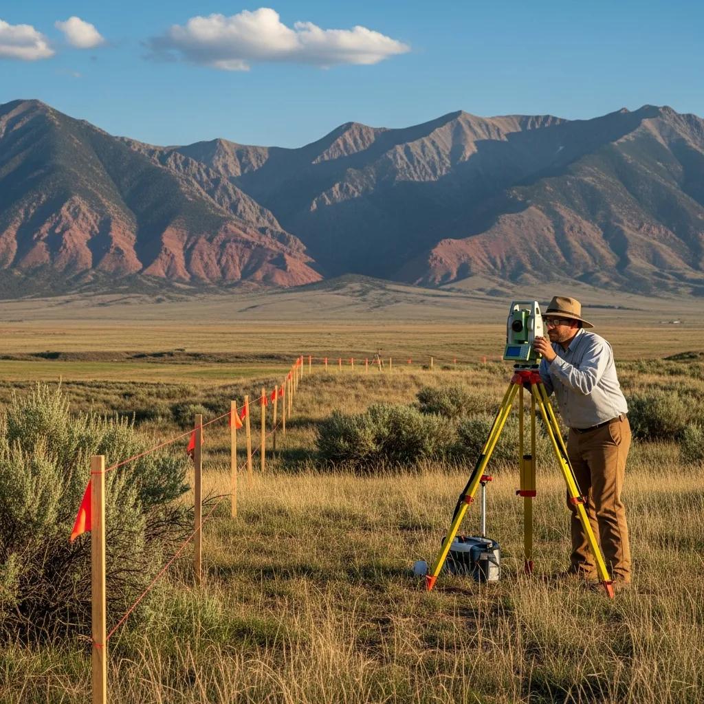 Utah property landscape with marked boundaries and a surveyor using equipment